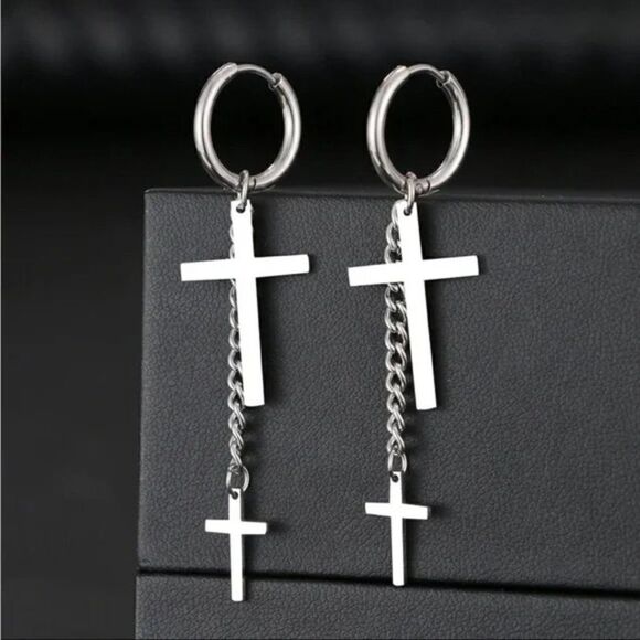⭐️ #24A New Gold or Silver Cross Dangle Hoop Earrings - Picture 4 of 10